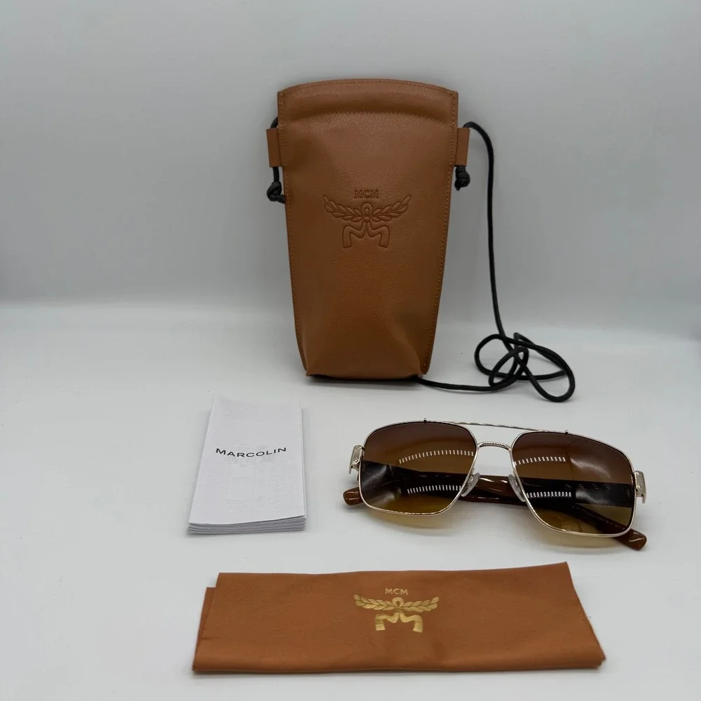 MCM MW0008 32F Gold Brown Square Navigator Sunglasses with Crossbody Case New